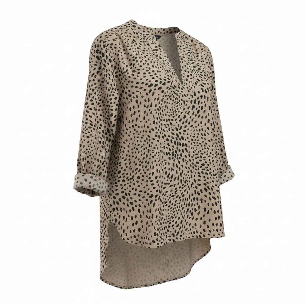 The Limited Women Tan Black Animal Print Linen Blend Split Neck Blouse Large